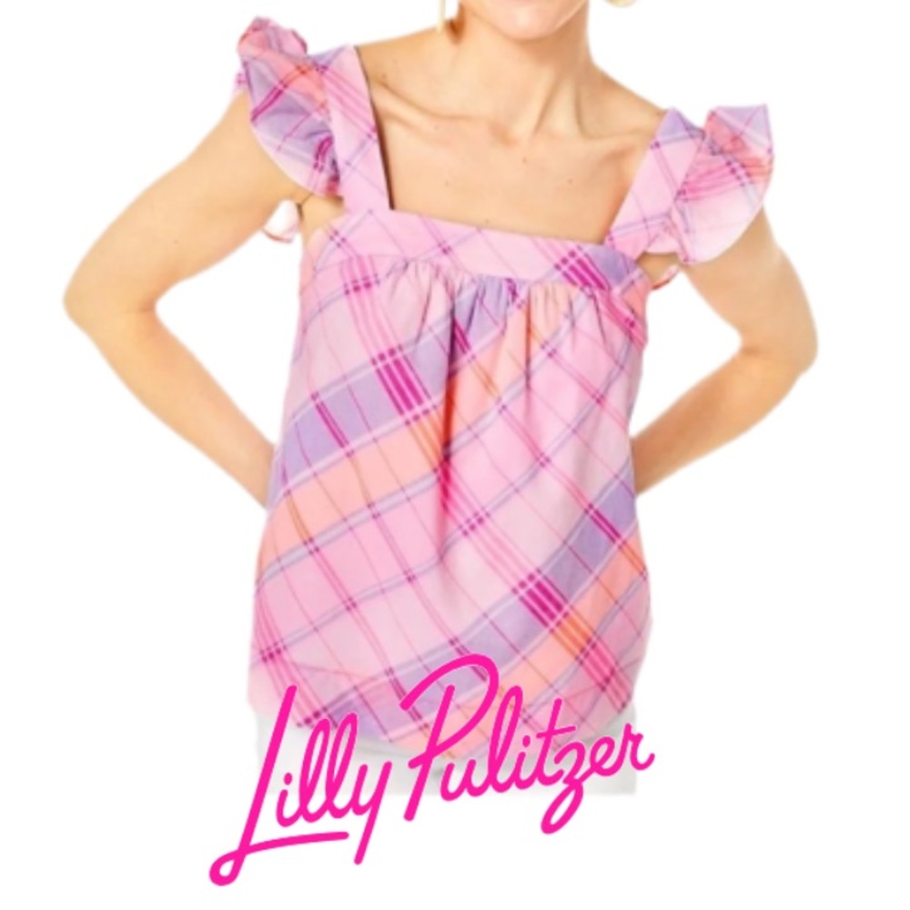 LILLY PULITZER | Reyna Top Pink Isle Madras Plaid Ruffle Sleeveless Top Preppy